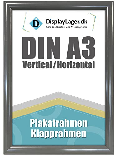 DisplayLager - A3 Anthrazitgrau Klapprahmen mit 25mm Aluminium Profil, Entspiegelter Schutzscheibe, Befestigungsmaterial
