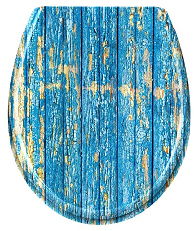 Froadp Toilettendeckel Klodeckel mit Absenkautomatik WC Sitz Toilettensitz aus Duroplast und Edelstahl Antibakteriell Toilettenbrille für Alle Handelsüblichen WC-Becken (Blaue Holzplatte)