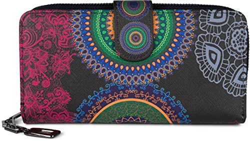 styleBREAKER Damen Geldbörse mit Buntem Blumen Blüten Mandala Muster, Ethno Style, Reißverschluss, Portemonnaie 02040040, Farbe:Schwarz-Himbeer-Grün-Blau-Gelb