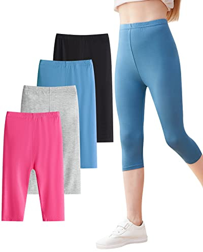Domee Leggings Capri 3/4 Pantalon Court Été Fille Lot de 4 Noir & Gris & Rose Rouge & Bleu Marine 6-7 Ans (Taille Fabricant 130)