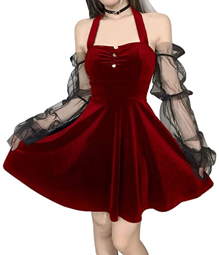 Vestito Gotico da Donna con Collo all'Americana Spalle Scoperte Maniche Lunghe a Sbuffo Trasparenti Schiena Scoperta Vestiti di Velluto Vintage per Halloween, XL