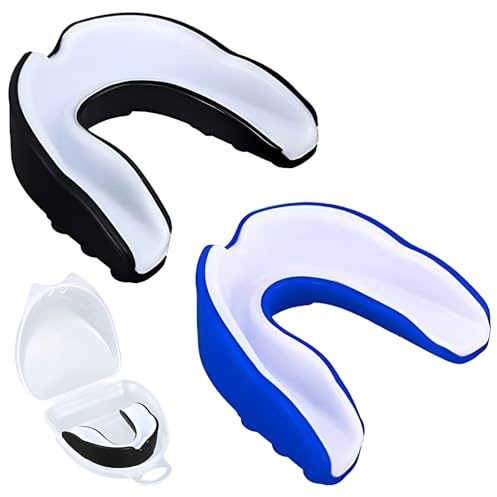 2 Pack Sports Mouth Guard for Kids and Youth - Mouth Protection Athletic Mouthguard with Case (BPA Free) for Boxing Football Hockey Karate Rugby for Boys Girls Sports Supplies (Blue&Black)