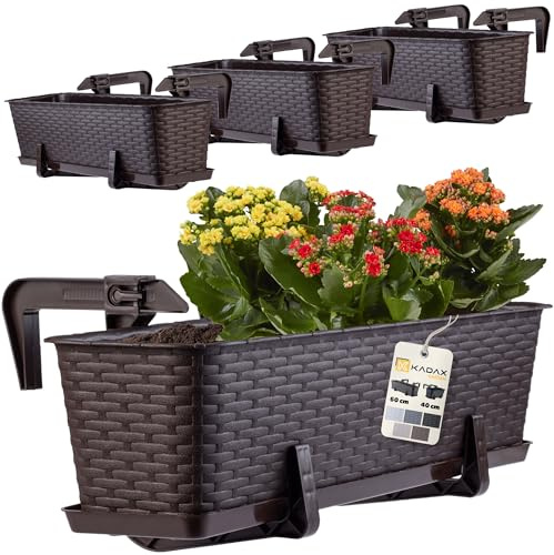 KADAX Lot de 4 jardinières 60 cm Plastique Brun - Jardinières rectangulaires Balcon - Supports de Fixation Inclus - Optimisation Espace balcons et rebords fenêtre