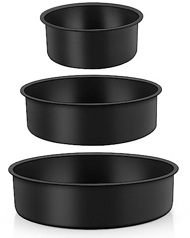 TEAMFAR Molde redondo para tartas, juego de 3 moldes de acero inoxidable con revestimiento antiadherente negro, diámetro de 10/16/20 cm, molde para tartas con base plana, una pieza y a prueba de