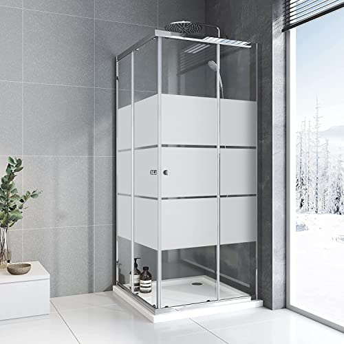 Duschkabine 75x90cm Eckeinstieg mit Schiebetüren,6mm ESG Glas Duschabtrennung Doppel Schiebetür mit weißen Streifen,Über Einer Duschwanne Oder Fliesen Montiert,Höhe 185 cm,Silber(Ohne Duschtasse)