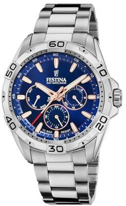 Festina Montre Homme Analogique en Acier Inoxydable 316L Argenté - Mouvement Quartz - Calendrier - Verre Minéral Haute Résistance - Étanche 10 ATM - Multifonction F20623/2