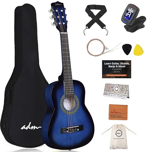 ADM Guitarra de concierto 1/4 para niños con afinador de pinza, funda, correa, cuerdas y púas adicionales, color azul