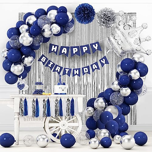 Decoración de Fiesta de Cumpleaños para Mujeres Niñas - Globos de Azul Marino Plata con Bandera de Feliz Cumpleaños, Guirnalda de Borlas, Pompones de Papel