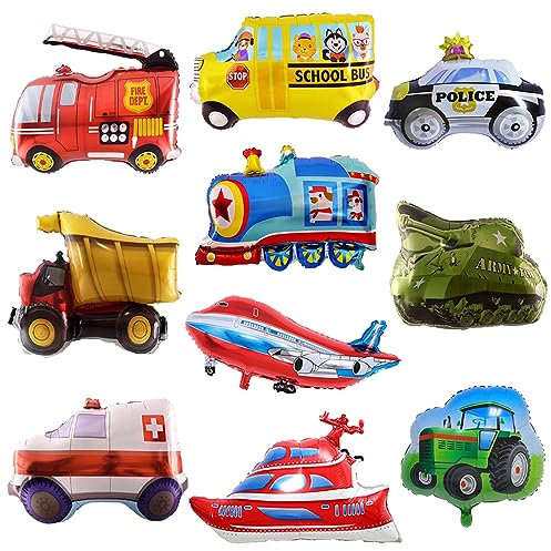 10 Stück Car Folienballons Auto Luftballon Verkehr Fahrzeuge Foil Balloons Babydusche Helium Ballons Mylar Ballon für Auto-Thema Party Baby Shower Deko Kinder Geburtstagsparty Hochzeiten Dekoration