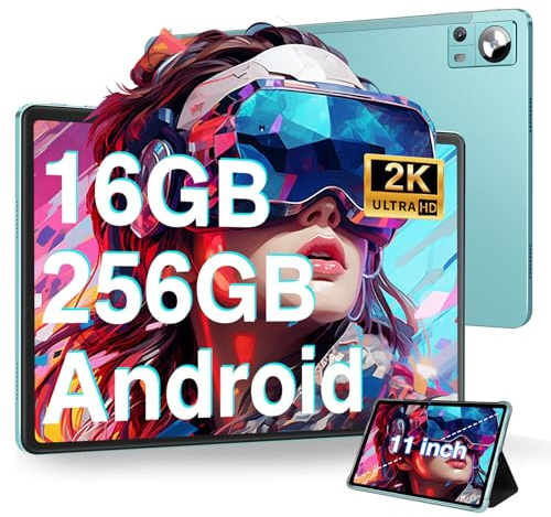 DMOAO Tablet 11 Pulgadas Android 13 con 16GB RAM 256GB ROM(1TB Ampliable), 2K FHD Tablets con Triple Cámara(13MP+5MP+2MP), 8 Cores, 2.0 GHz, IPS 2000 * 1200, 5G Wi-Fi, 8600 mAh, BT 5.0, GPS, Verde
