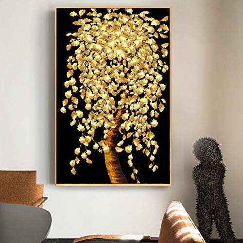 KADING Poster und Drucke, Wandkunst, Leinwandgemälde, abstrakte goldene Blätter und goldener Geldbaum, Bilder für Wohnzimmerdekoration, 60 x 110 cm (24 x 43 Zoll), Innenrahmen