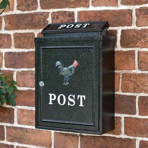 Black Oxford Rooster Wall Mounted Post Box with White Text - Traditional Style Secure Mailbox for Home or Office Outdoor Use Decorative Wall Mounted Organiser Stylish Front Door Accent
