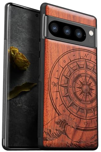 Carveit Hülle für Google Pixel 8 Pro handyhülle aus Holz Cover, Stoßstange Stoßfeste Weich TPU Case, Handyhulle Kompatibel mit Pixel 8 Pro Hulle（Pflaumenfarbe-Der Kompass vor Kanagawa Waves）