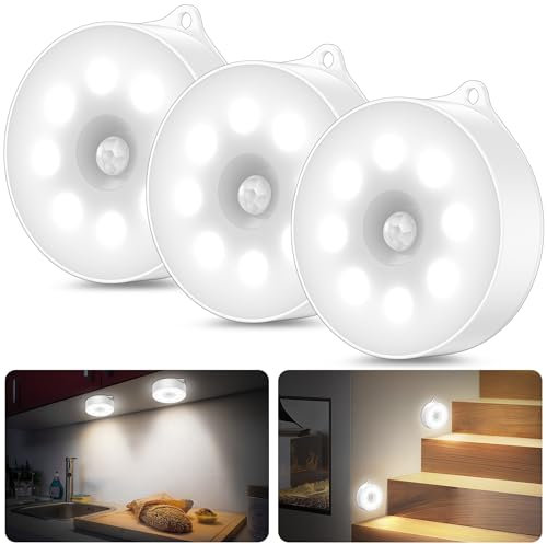 daphomeu Nachtlicht mit Bewegungsmelder,3*AAA Batteriebetriebene lampen, Auto ON/OFF, Schrankbeleuchtung,Bewegungsmelder innen für Treppe, Schlafzimmer, Küche, Kinderzimmer.(Kaltweiß 3 Stück)