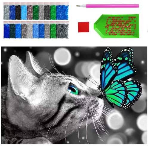 ARTULIO Diamond Painting Set - Schwarz-weiße Katze mit buntem Schmetterling - 40x60 cm - Groß XXL - 5D Diamant Painting Bilder DIY, Diamond Painting Erwachsene