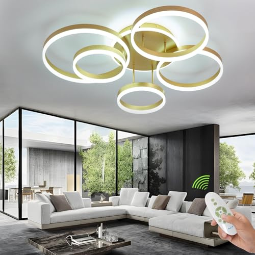 EMBRING LED Wohnzimmerlampe Deckenleuchte,106W Moderne 6 Ring Deckenlampe LED Deckenleuchte mit Fernbedienung,Led Wohnzimmer für Esszimmer Schlafzimmer(Gold)