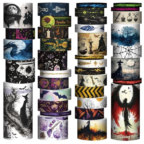 Forwaarss Set di 37 rotoli di nastro Washi, tema nero, streghe, nastro decorativo magico, nastro colorato per fai da te, confezioni regalo, accessori per scrapbooking, accessori per riviste, planner