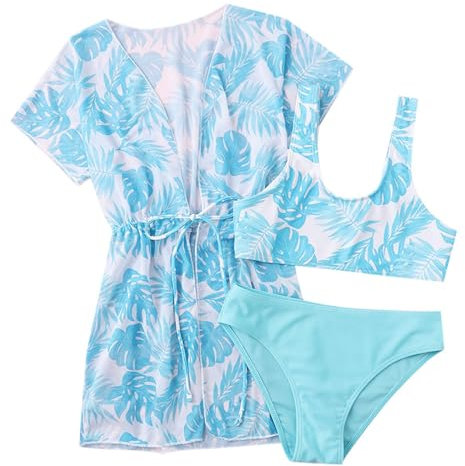 3-teiliger tropischer Badeanzug für Mädchen, Bikini-Badeanzug mit Überzug Halter Bikini