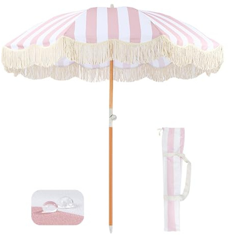 Rosa Och Vit Randig Trädgårdsparasoll 200cm Strandparasoller UPF50+ Paraply För Uteplats Med Frans Paraply För Trädgårdsbord Boho Tofsar Paraply Med Lutning Paraply För Balkong Utomhus Med Väska