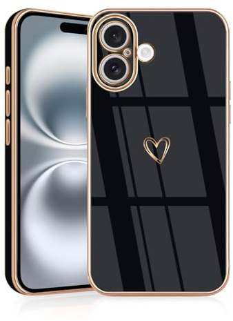 JRIANY for iPhone 16 Case, Protective Flexible Silicone Case with Cute Design Love Heart Pattern Shockproof Bumper Cover Compatible with Apple iPhone 16 6.1-Inch - Black