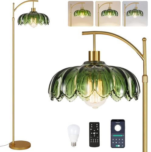 QIYIZM Glas-Stehlampe für Wohnzimmer, Schlafzimmer, goldfarben, dimmbar, Stehleuchte mit Fernbedienung, Mitte des Jahrhunderts, moderne Messing-Lampe, Boho, Vintage, Retro-Stehlampen, Bogengrün, Blume