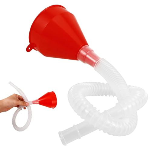 QWEPU Embudo Rojo con Mangueras, Adecuado para Petróleo, Gasolina, Diesel, Tanques con Protección Antirrobo y Reservas de Combustible, Material Plástico, Diámetro de 8 cm