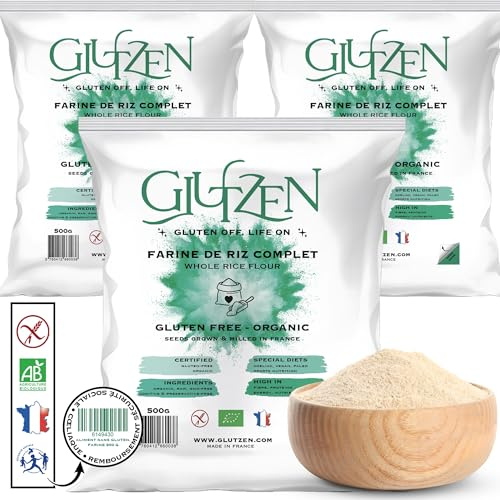 Farine de Riz Complet Bio GLUTZEN. Cœliaque, Vegan | Compatible Machine à Pain, Pain Sans Gluten, Farine Pizza, Pâtes Sans Gluten, Pancakes, Biscuits, Muffins. Sans allergènes