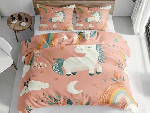 Bettwäsche 200x200cm Cartoon-Einhorn Bettbezüge Microfaser Bettwäsche Weich Flauschige Deckenbezug mit Kissenbezug 80x80cm für Allergiker Geeignet, Hellrosa