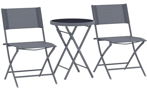 Outsunny Ensemble de bistrot 3 pièces Pliable en métal, 2 chaises et 1 Table Ronde, Salon de Jardin extérieur 2 Personnes, Table de Jardin extérieur avec chaises pour Jardin, terrasse, Balcon, Gris