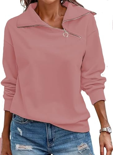 Cuptacc Tröja Dam Höst Långärmad T-shirt Dam Med Ståkrage Avslappnad Ren Färg 1/4 Dragkedja Pullover, Mörkrosa, S