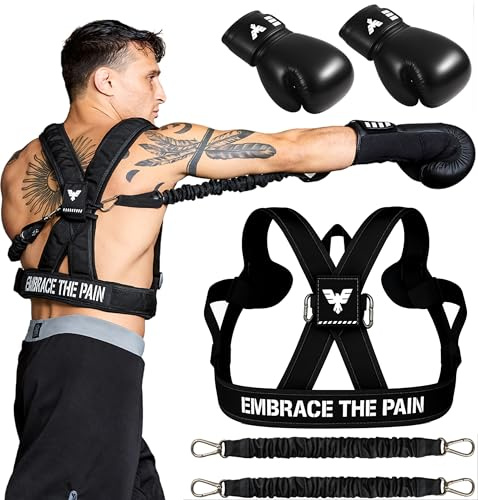 Elite Sports Arnés de boxeo para adultos con guantes de 12 oz – Bandas de resistencia ajustables (3 niveles), correa de estabilidad, espalda acolchada y hombros, nailon balístico, hebilla de