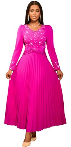 AOMEI Womens Elegant Bead Long Sleeve Evening Maxi Dress Formal Dinner Party A-Line Pleated Dresses for Women (Rose,XL)