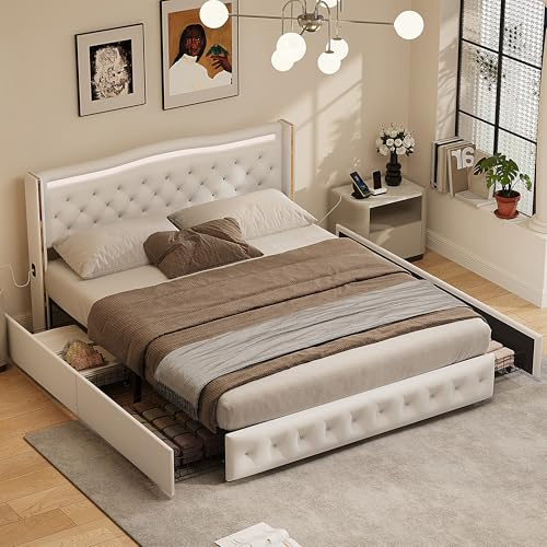 FEEOHOME Schubladenbett, 140 x 200 cm, gepolstertes Doppelbett mit 4 Schubladen und Lattenrost, für 2 Personen, Bettrahmen mit LED-Leuchten und USB-Anschlüssen, für Erwachsene und Jugendliche, Weiß