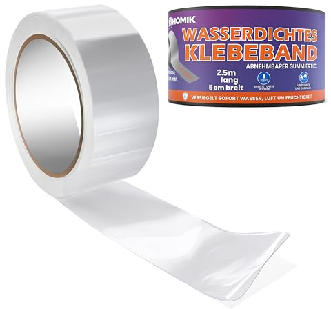 HOMIK 2x 5cm x 2.5m Extrem Starkes Transparent Wasserdichtes Klebeband Außen & Innen | Dichtungsband Wasserdicht | UV Beständig | Duct Tape | Selbstverschweißendes Klebeband