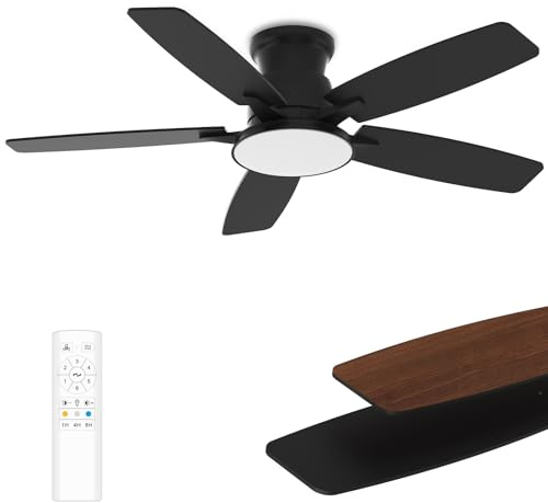 Flush Mount Ceiling Fan with Light, 42 Inch, Remote Control, 3CCT Dimmable LED, 6-Speed Silent Reversible DC Motor, Low Profile Hugger Ceiling Fan for Indoor/Outdoor 90-264V 50/60Hz Matte Black