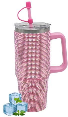 Lesser & Pavey Thirsteez Pink Diamante Drinks Cup for Hot Or Cold Drinks | Large Thermal Travel Mug with Lid & Straw for Office, Gym, Home Or Travel | Insulated Tumbler Coffee Cups for Daily Use
