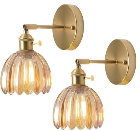 Générique Applique Murale en Verre Fleur Vintage Laiton Doré avec Interrupteur Lampe Murale E27 Luminaire Murale Intérieur Applique pour Salle de Bain Chambre Salon (C, 2 pièces)