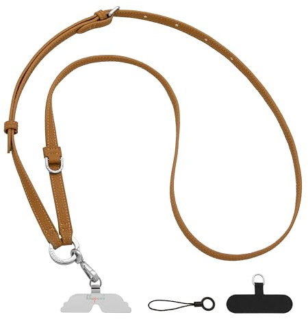 GOODAYY Phone Lanyard Crossbody, Genuine Leather Mobile Phone Strap Adjustable Length with Metal and Nylon Patch, Handbag Chain Style Universal Phone Accessories (100-130cm) (Silver, Brown)