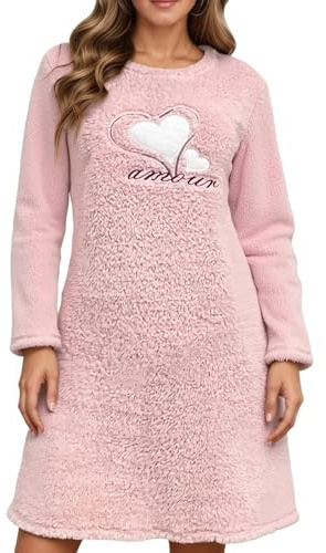 Generisch Flanelle Chemises de Nuit Épais Femmes Automne Hiver Manches Longues Polaire Chaud Robe Pull Femme Couleur Unie Robe de Maison Streetwear Robe Sweatkleid Col Rond Pull Sweatshirt, O rose., L