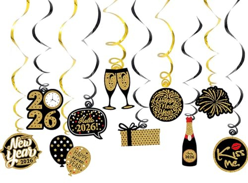 Silvester Deko 2026, 10 Stück Hängende Wirbel Neujahrdeko, Schwarz Gold Spiralen Luftschlangen, Deckenhänger Girlande 2026 Neujahr Dekoration Zubehör, Neujahr Party Fotobox Accessoires