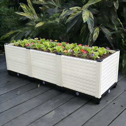 Hochbeet-Bausatz, Pflanzkübel aus Kunststoff für den Außenbereich, schmaler Pflanzenständer, rechteckige Pflanzgefäße, Pflanzenregal für Balkon, Terrasse oder Garten (Weiß)(Double Layer)