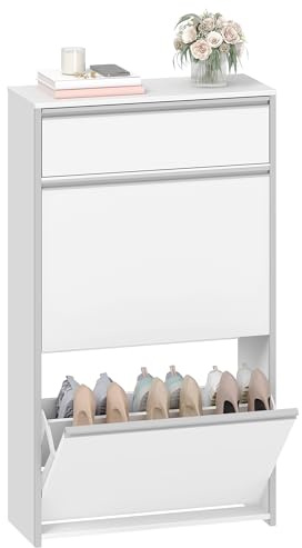 HEXCELEN Schuhschrank mit 2 Klapptüren, 60 x 24 x 104,5 cm, Weiß-Silber | Schuhkipper, Schuhregal mit Schublade, Schmaler Schuhkommode mit 4 Ablageflächen, Verstellbar, für Flure, Eingang