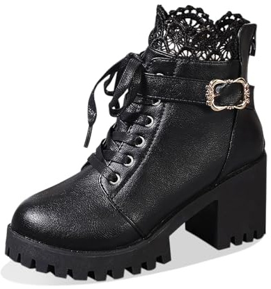 Botines de cuero con cordones y cremallera para mujer Moda de invierno Botas de tacón alto con cordones, Negro , 41 EU