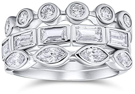 Set Of 3 Geometric Stackable Wedding Band Rings For Women With Cubic Zirconia Baguette Marquise Round CZ In .925 Sterling Silver