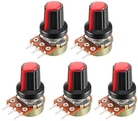 sourcing map 5Pcs 1K Ohm Variable Resistors Single Turn Rotary Carbon Film Taper Potentiometer with Knobs