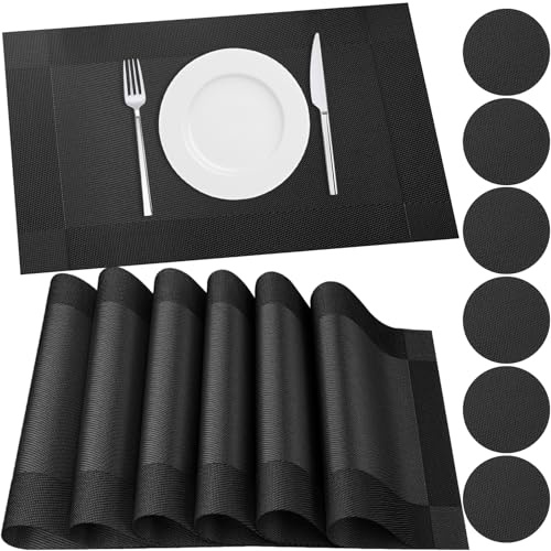 HEYOMART 6er Set Platzsets und Untersetzer, rutschfest Abwaschbar Tischsets, PVC Vinyl Hitzebeständig Platzdeckchen, Ideal für Küche, Party, Hochzeit usw, Schwarz