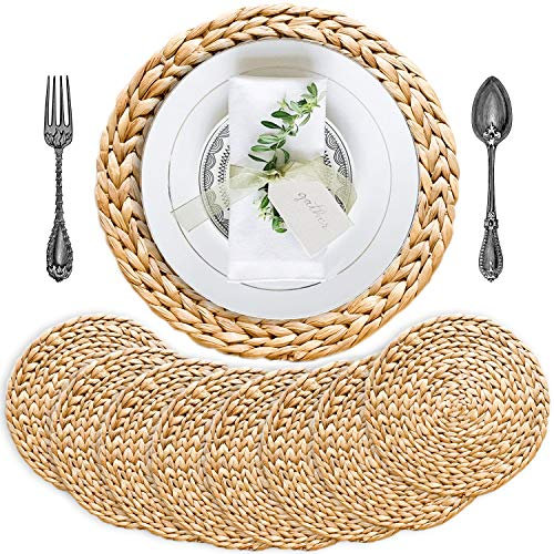 Round Woven Placemats Set of 8, 11.8 Inch Small Water Hyacinth Table Mats for Salad and Dessert Plates, Handwoven Wicker Mats for Bistro Table, Kitchen Island and Bar Counter, Natural Boho Decor
