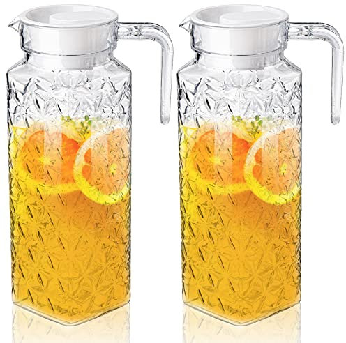 Peohud 2 Pack Acrylic Pitchers with Lid and Handle, 1.1 Litre Clear Plastic Juice Jug, Transparent Water Pitcher for Fridge, Iced Tea, Sangria, Lemonade, Cold or Hot Beverages, BPA-Free,Shatter-Proof