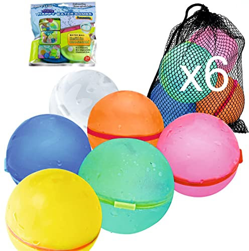 KANOHIS Globos de agua reutilizables llenado rápido, Pack de 6 bolas de cierre magnetico recargables para niños, fiestas cumpleaños playas piscina (Pack 6 unidades + bolsa)