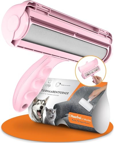 FusselMonster Tierhaarentferner Fusselrolle mit Sammelkammer, Pink | Wiederverwendbar, Katzenhaarentferner für Sofa, Teppich und Autositze, Manuelle Reinigungsbürste für Tierhaare